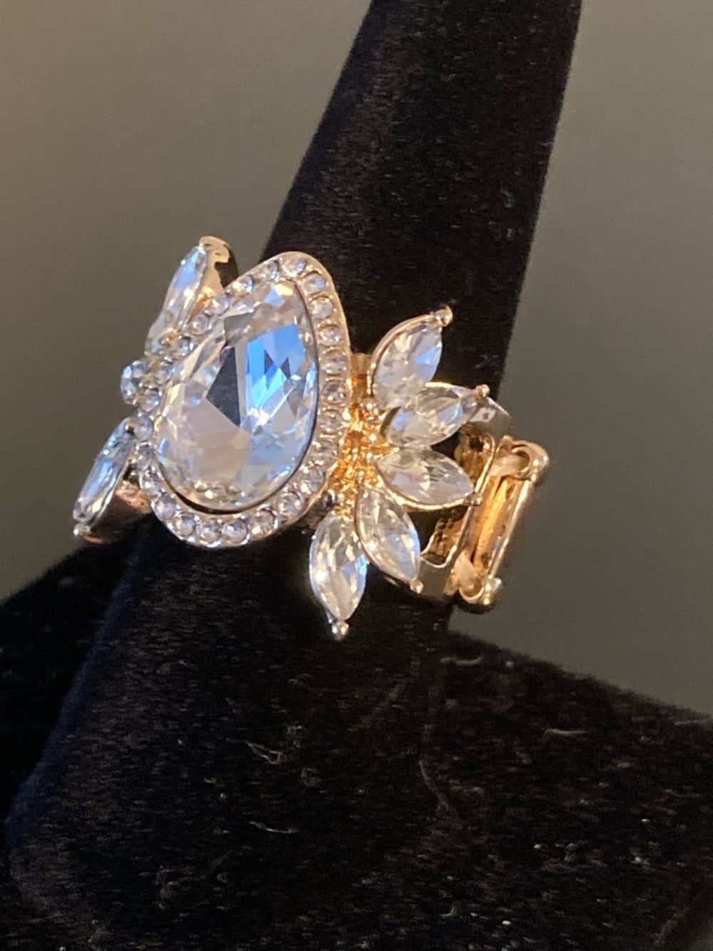 Clear Teardrop Crystal Statement Ring in Gold - Picture 3 of 3